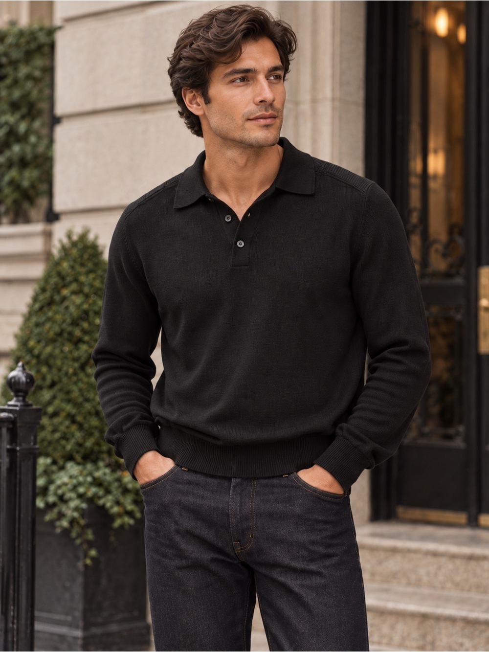 Men’s Perry Ellis Black Knit Polo Sweater – Quiet Luxury
